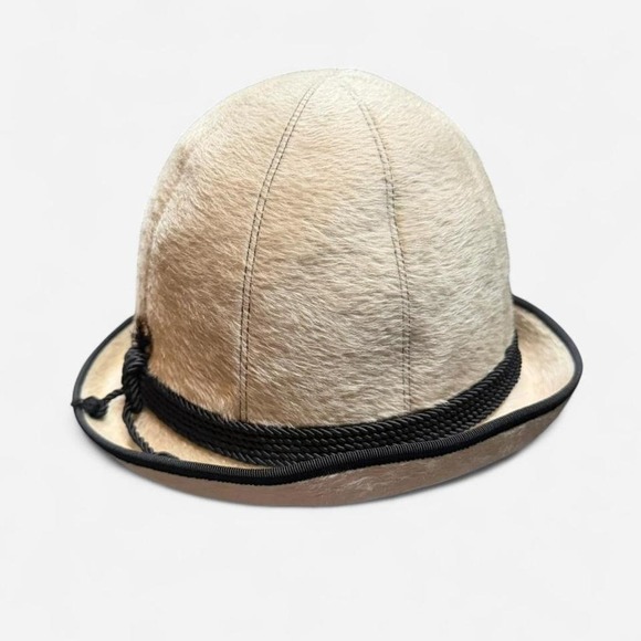 Vintage 50s-60s Das Meister Modell Cloche Hat Beige Rabbit Fur Felt Feathers